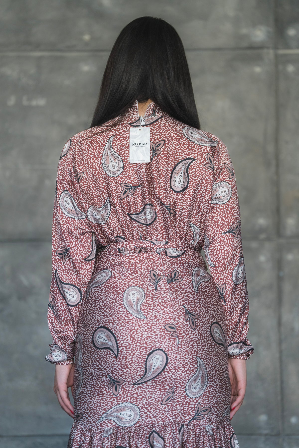 Warm Rose Paisley Print Satin Tiered Midi Dress