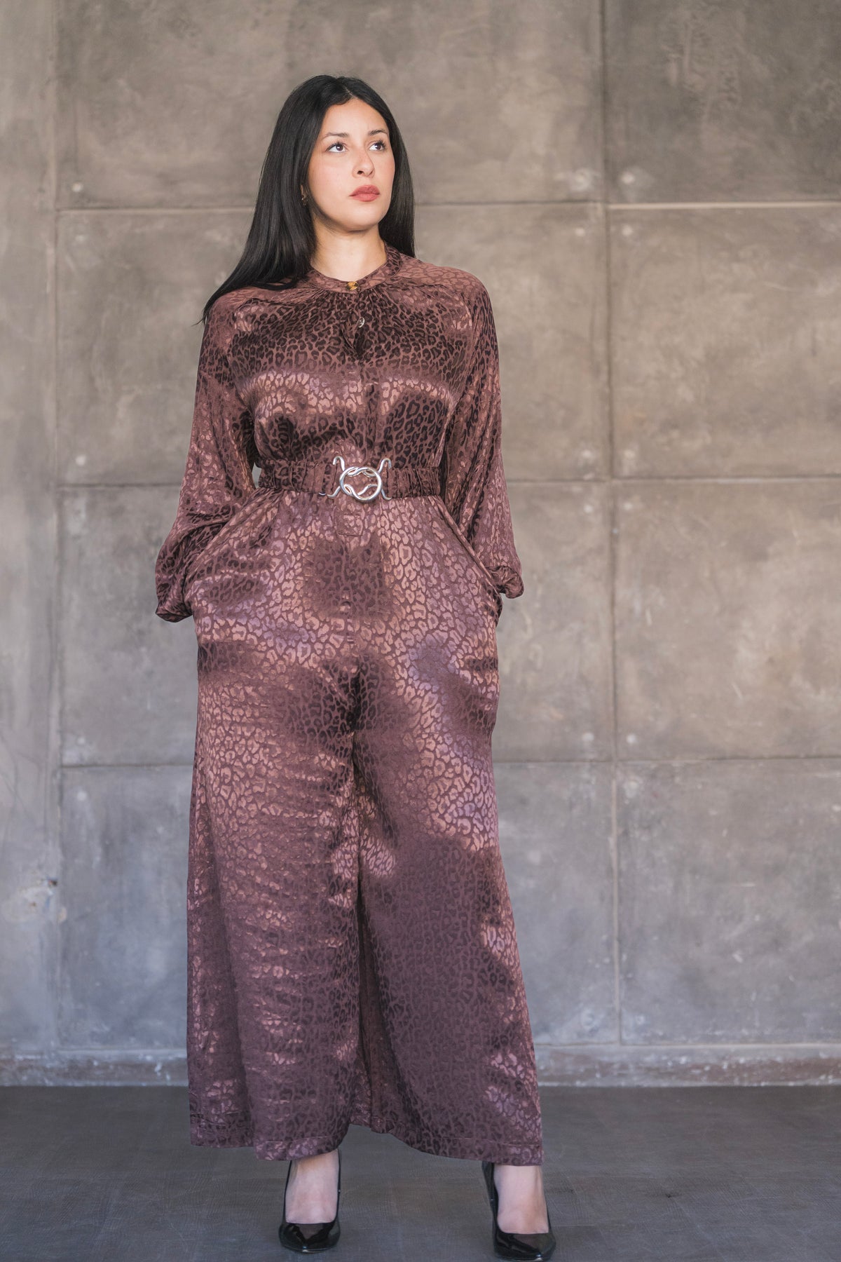 Satin Jacquard Leopard Wide-Leg Jumpsuit with Balloon Sleeves