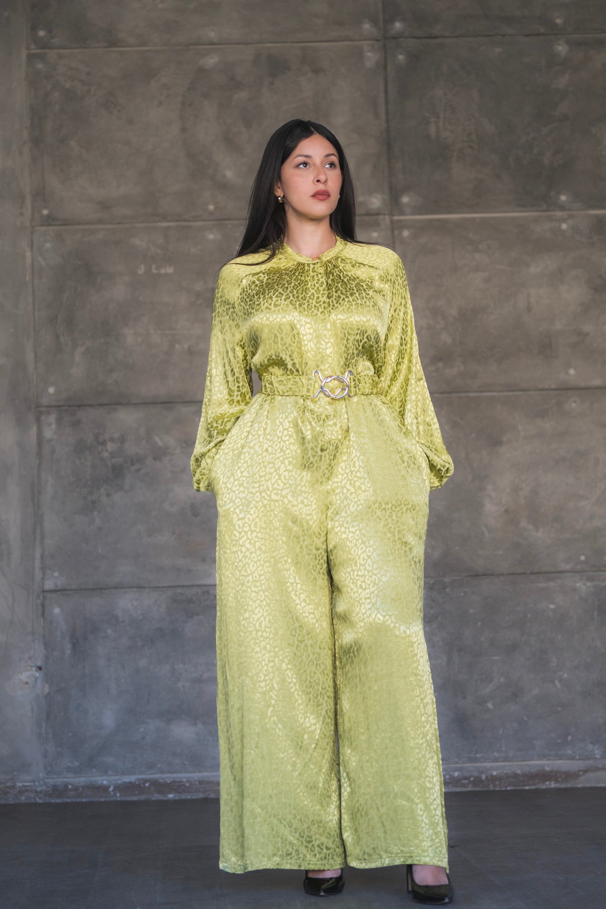 Satin Jacquard Leopard Wide-Leg Jumpsuit with Balloon Sleeves