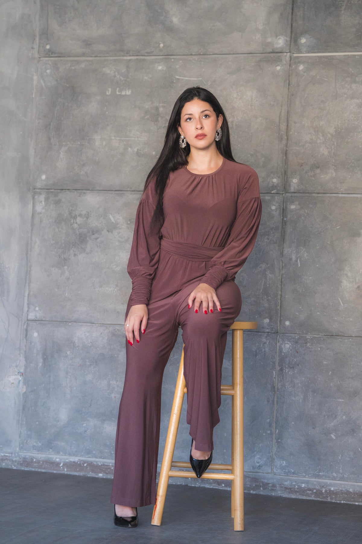 Soft Stretch Wide-Leg Jumpsuit with Balloon Sleeves