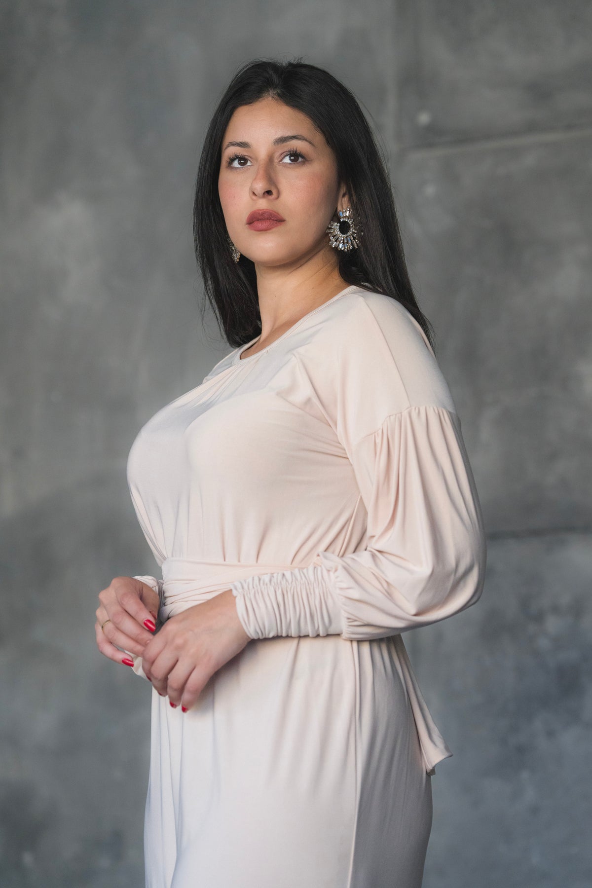 Soft Stretch Wide-Leg Jumpsuit with Balloon Sleeves