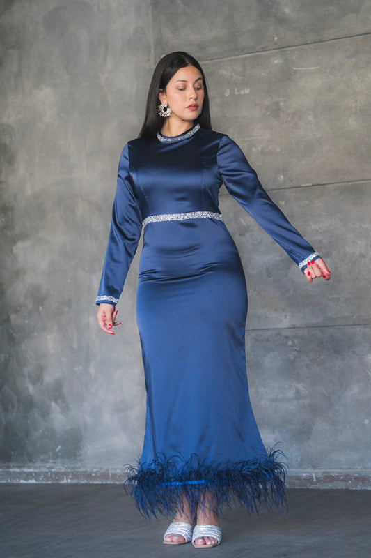 BLUE FEATHERED HEM DRESS