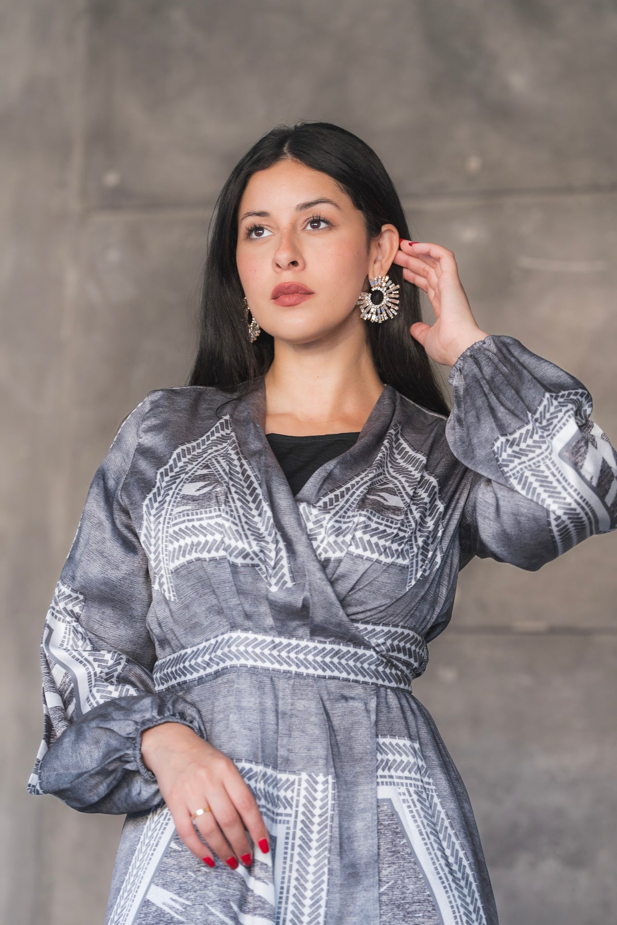 Charcoal Tribal Print Belted Satin Maxi Dress