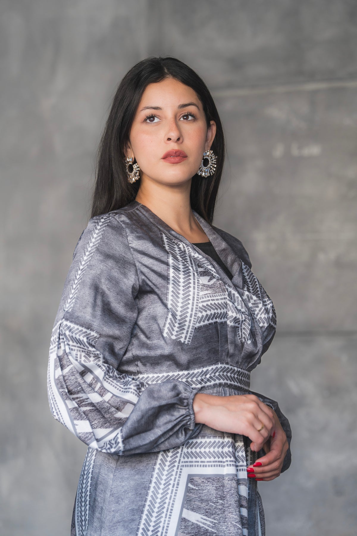 Charcoal Tribal Print Belted Satin Maxi Dress