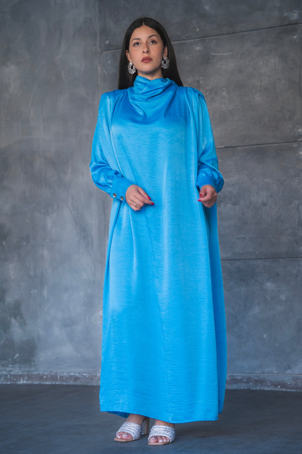Draped Satin A-Line Maxi Dress with Puff Sleeves