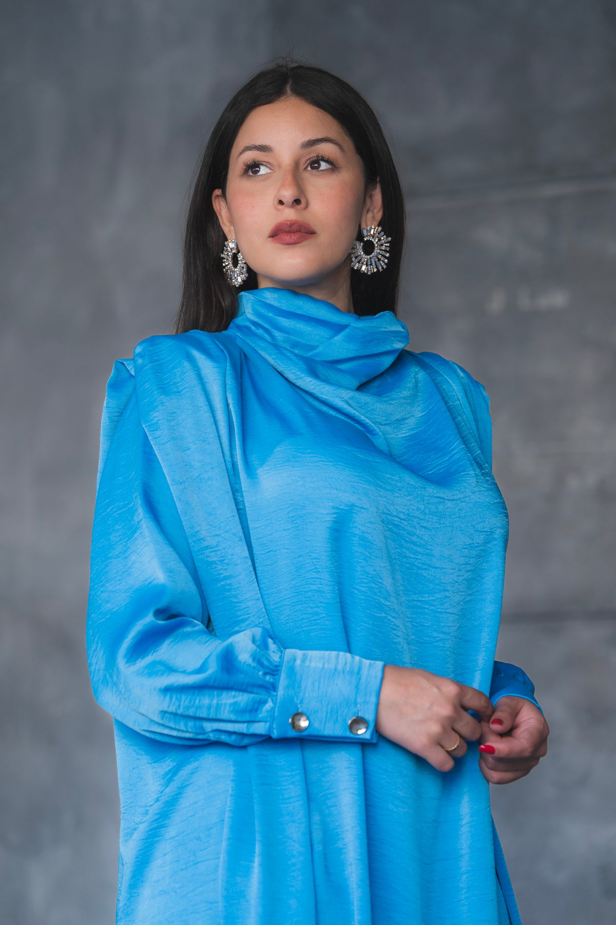 Draped Satin A-Line Maxi Dress with Puff Sleeves