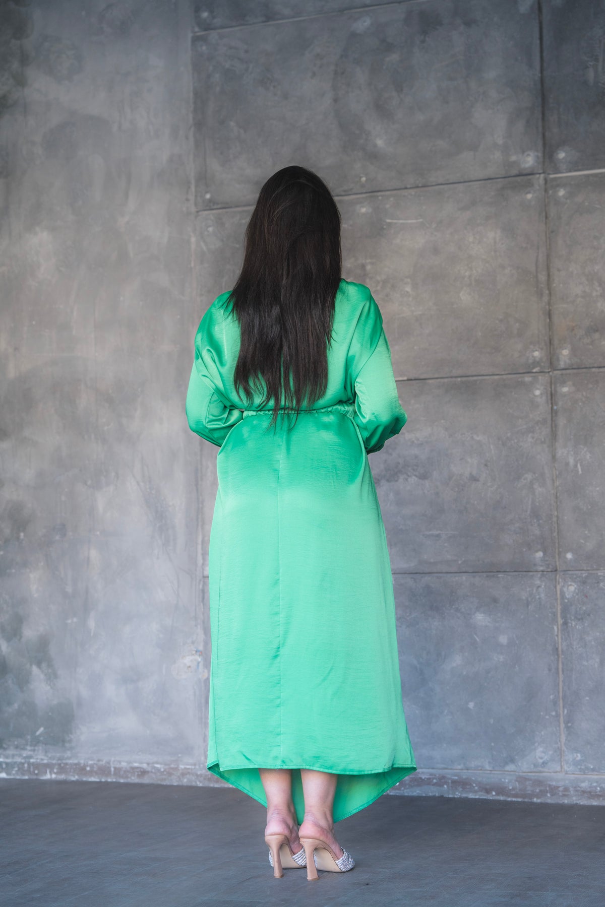 Draped Satin A-Line Maxi Dress with Puff Sleeves