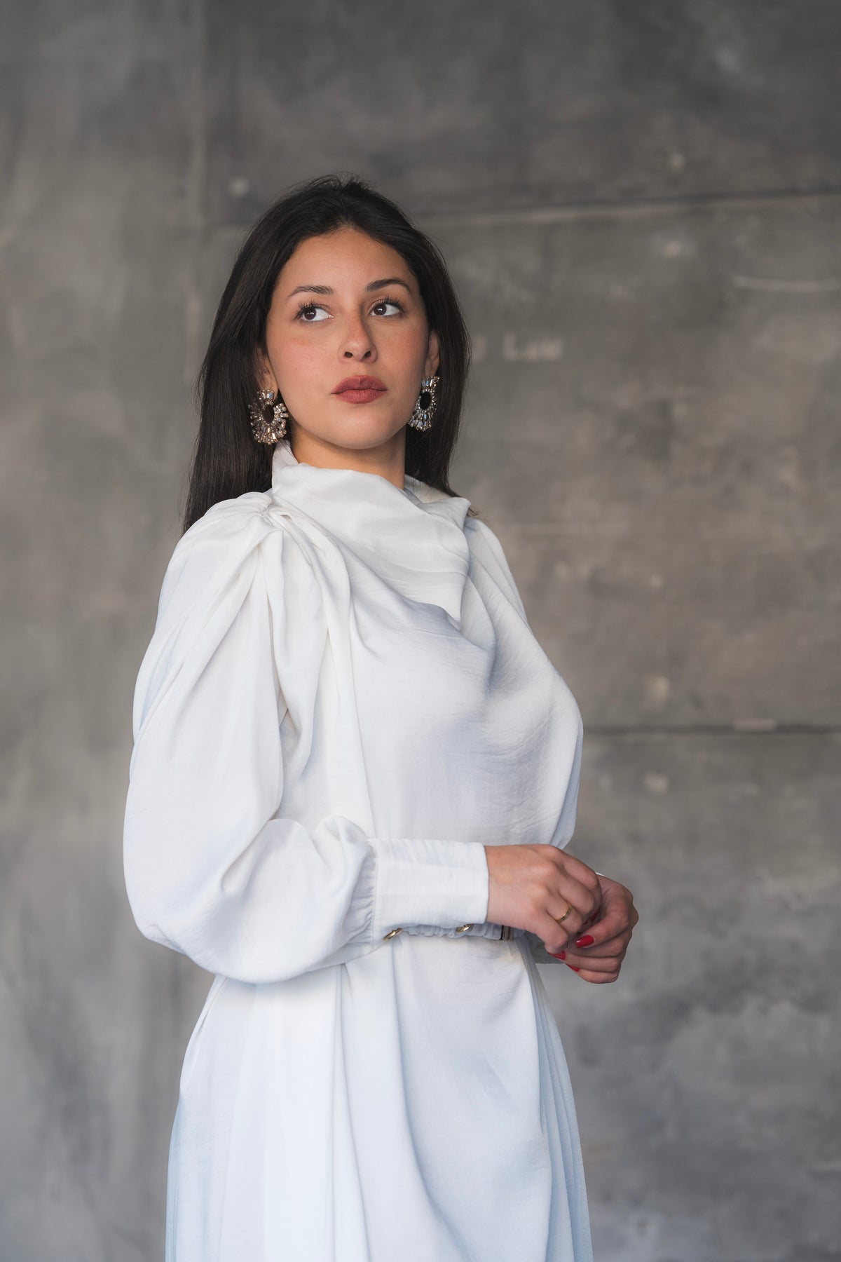 Draped Satin A-Line Maxi Dress with Puff Sleeves