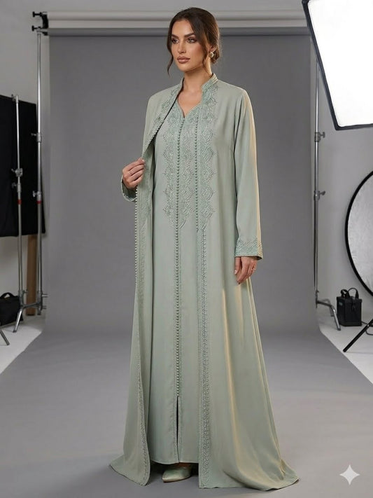 Embroidered green 2 piece kaftan dress