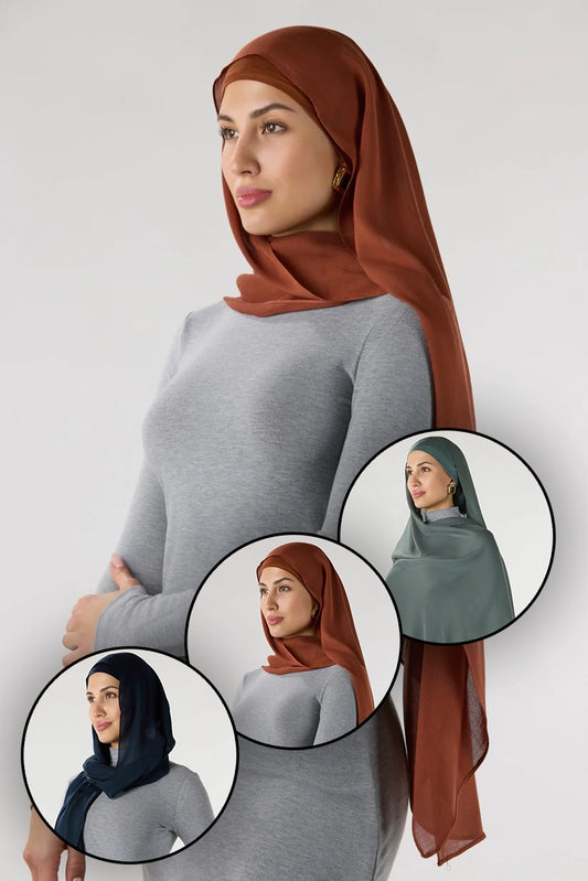 Modal Hijab With Matching Undercap Orange, Billiard Green And Dark Navy (3 In One Pack)