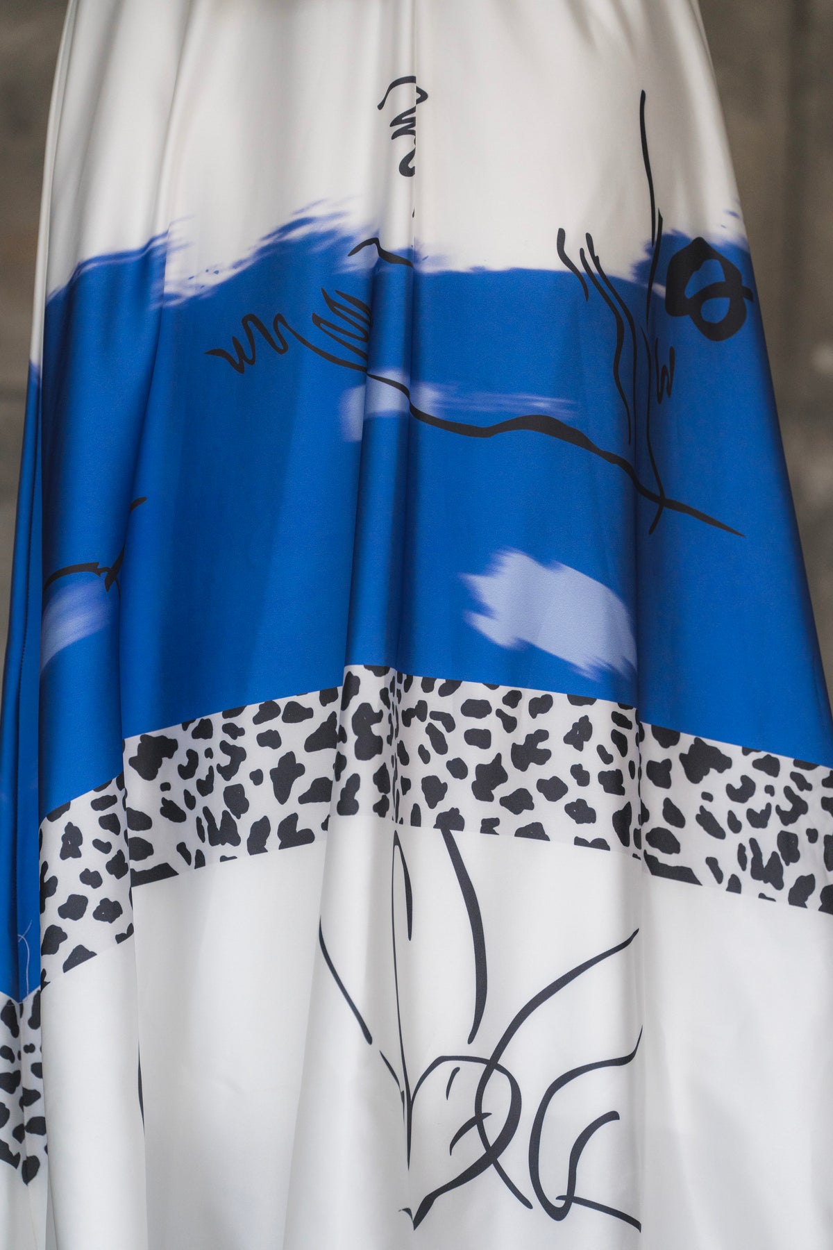 White and Blue Abstract Print Satin Tie-Neck Maxi Dress