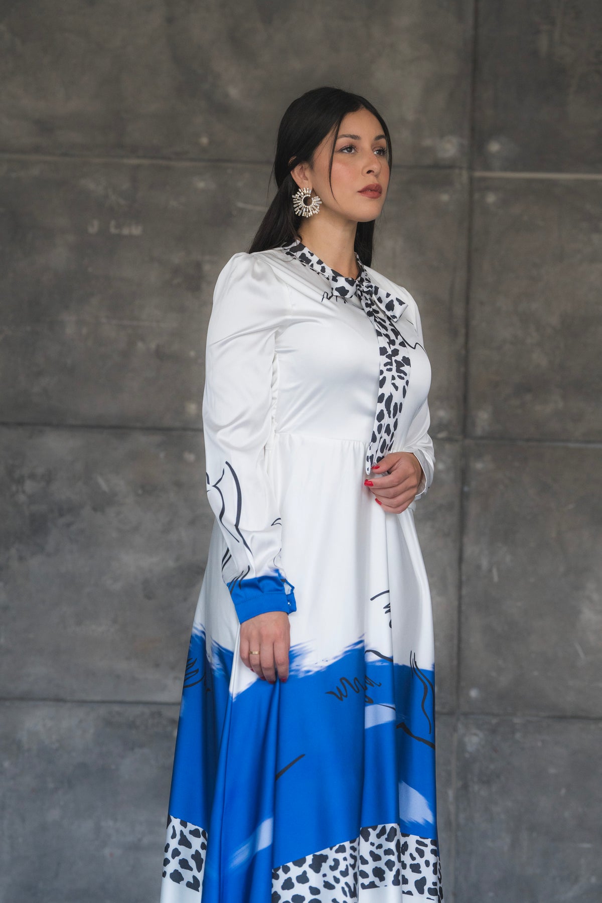 White and Blue Abstract Print Satin Tie-Neck Maxi Dress