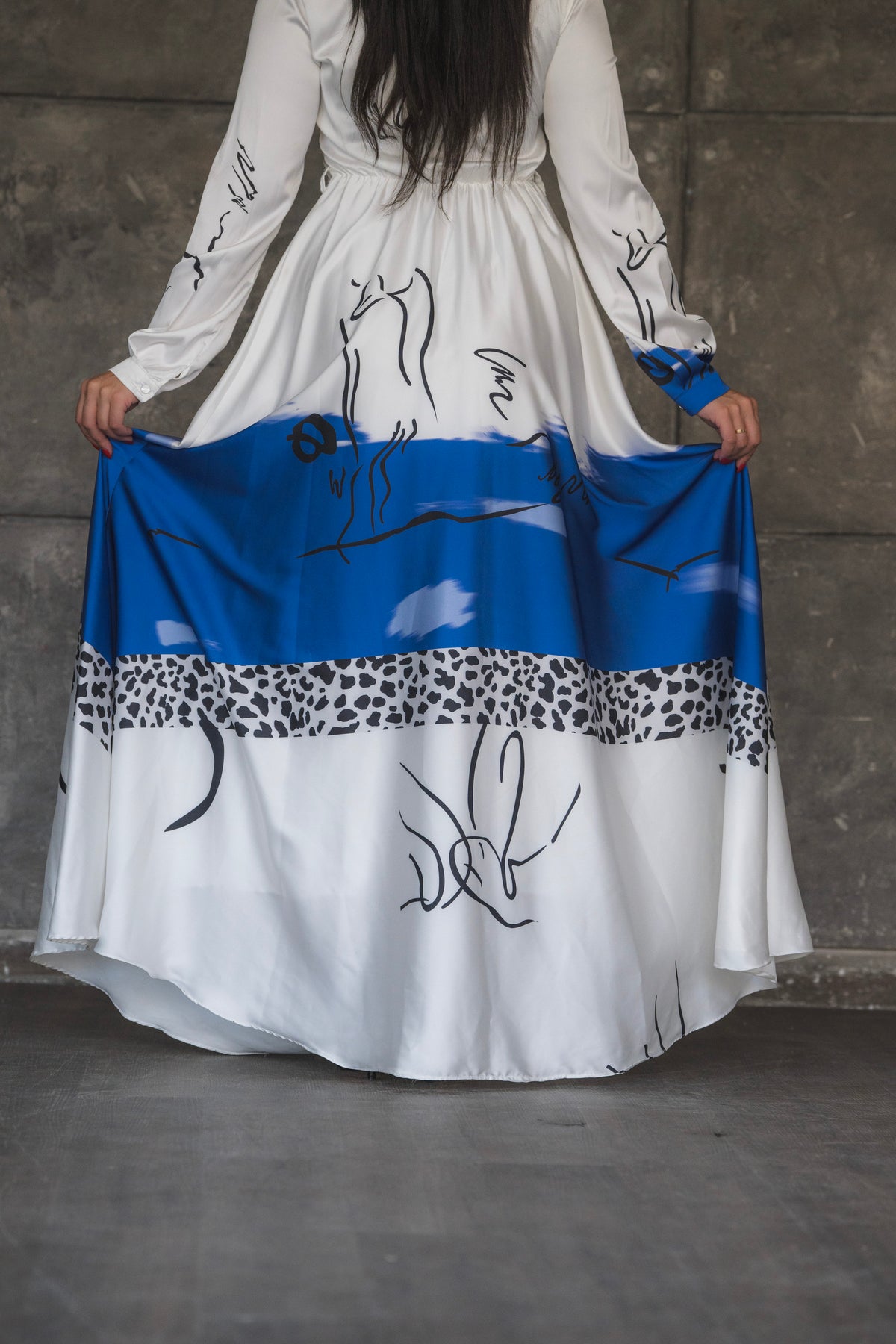 White and Blue Abstract Print Satin Tie-Neck Maxi Dress