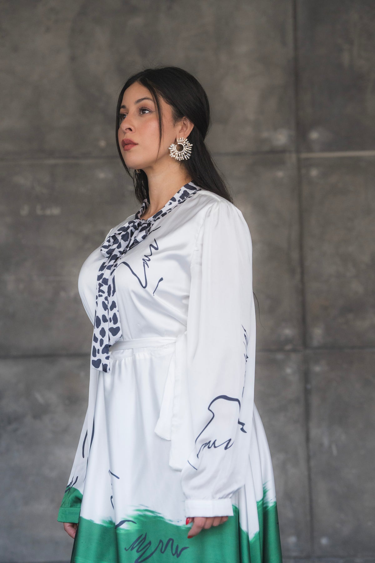 White and Green Abstract Print Satin Tie-Neck Maxi Dress