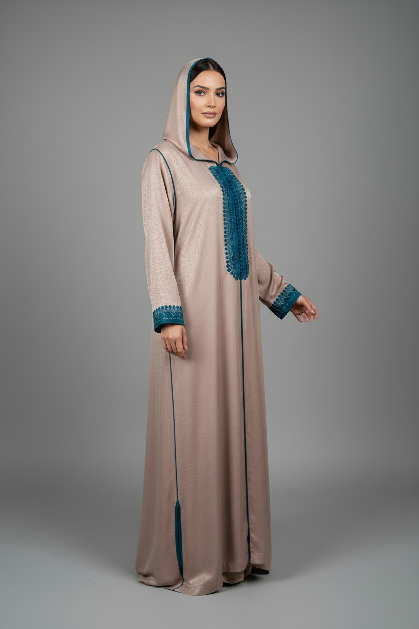Two-Tone Embroidered Satin Moroccan Jelaba