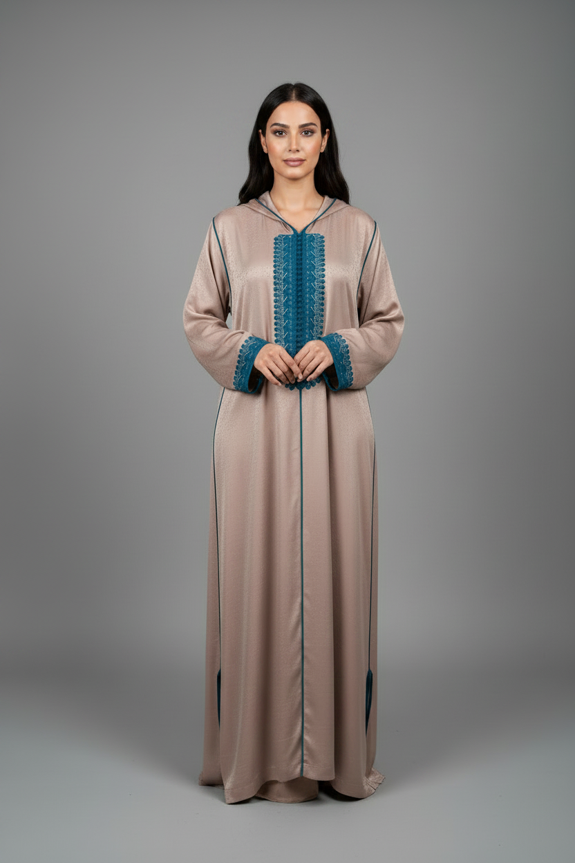 Two-Tone Embroidered Satin Moroccan Jelaba