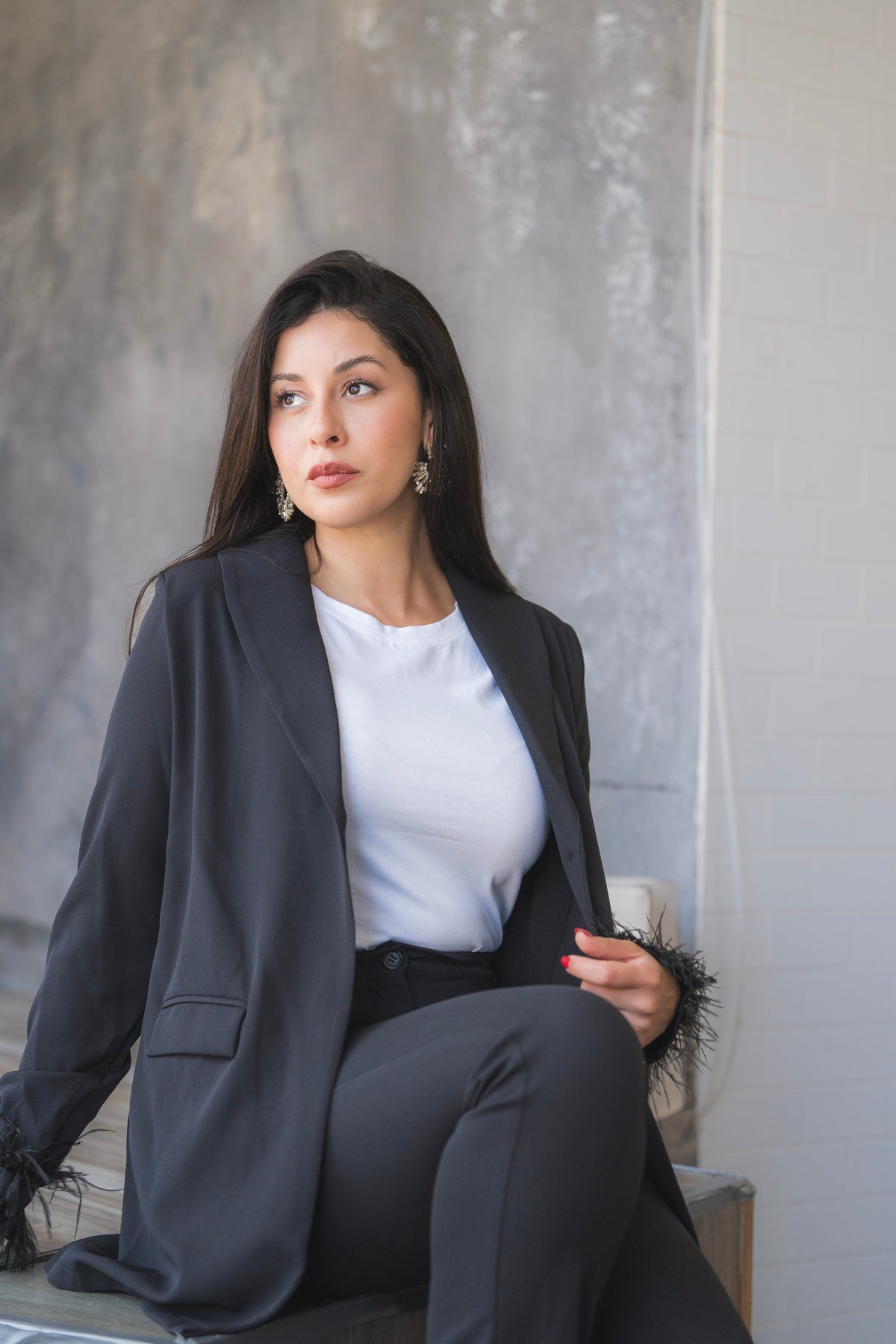 Black Feather-Trimmed Blazer & Pants 2-Piece Set