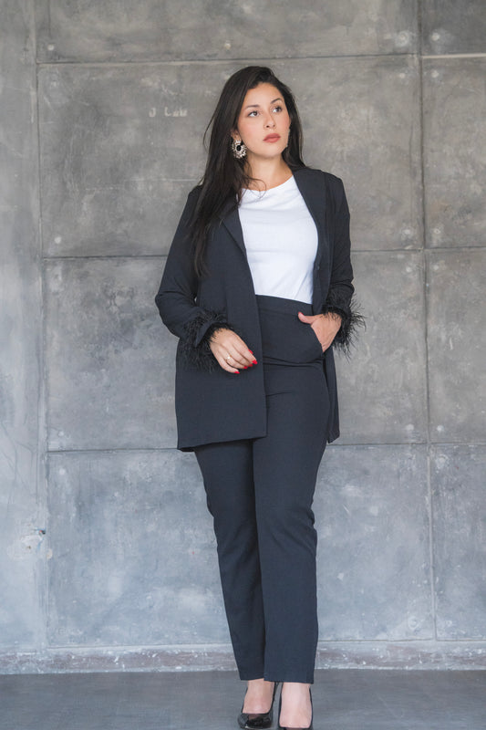 Black Feather-Trimmed Pantsuit Set