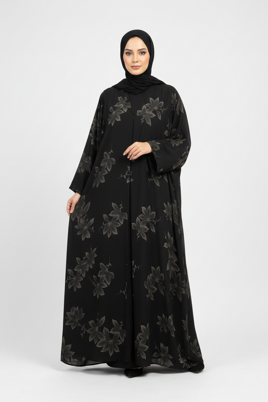 The noir bloom abaya flower double chiffon 3 pieces