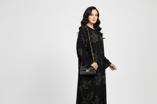 The Noir Bloom Abaya Flower Gold double chiffon 3 pieces