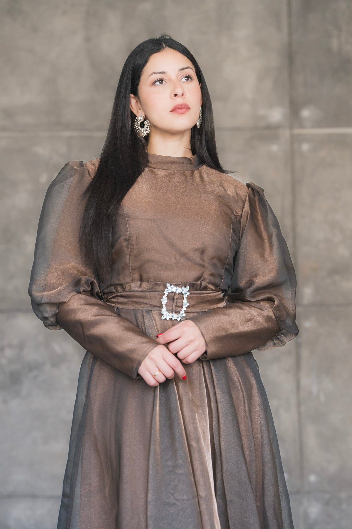 Organza Puff Sleeve A-Line Evening Gown with Crystal Belt