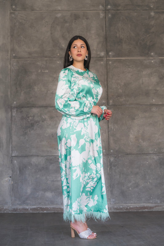 Floral Satin Feather-Trimmed Maxi Dress