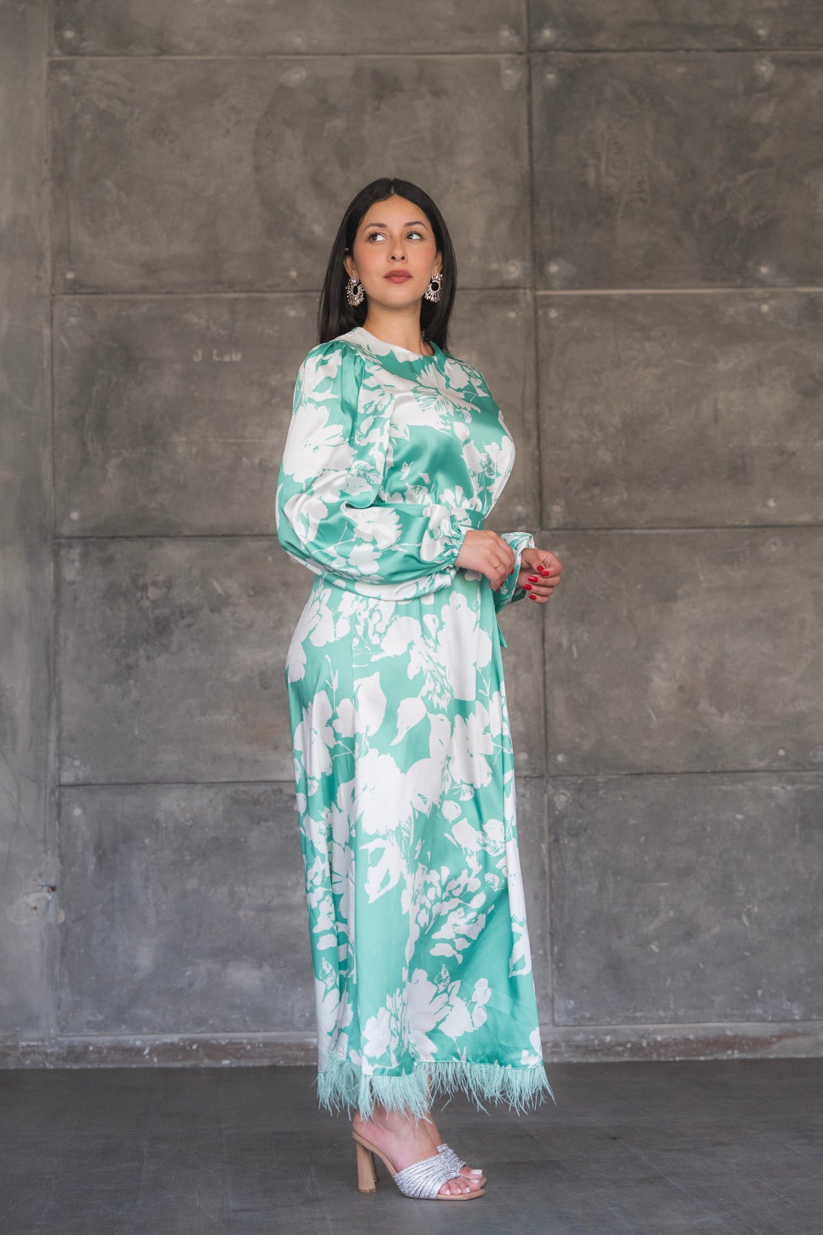 Floral Print Satin Maxi Dress with Feather Hem