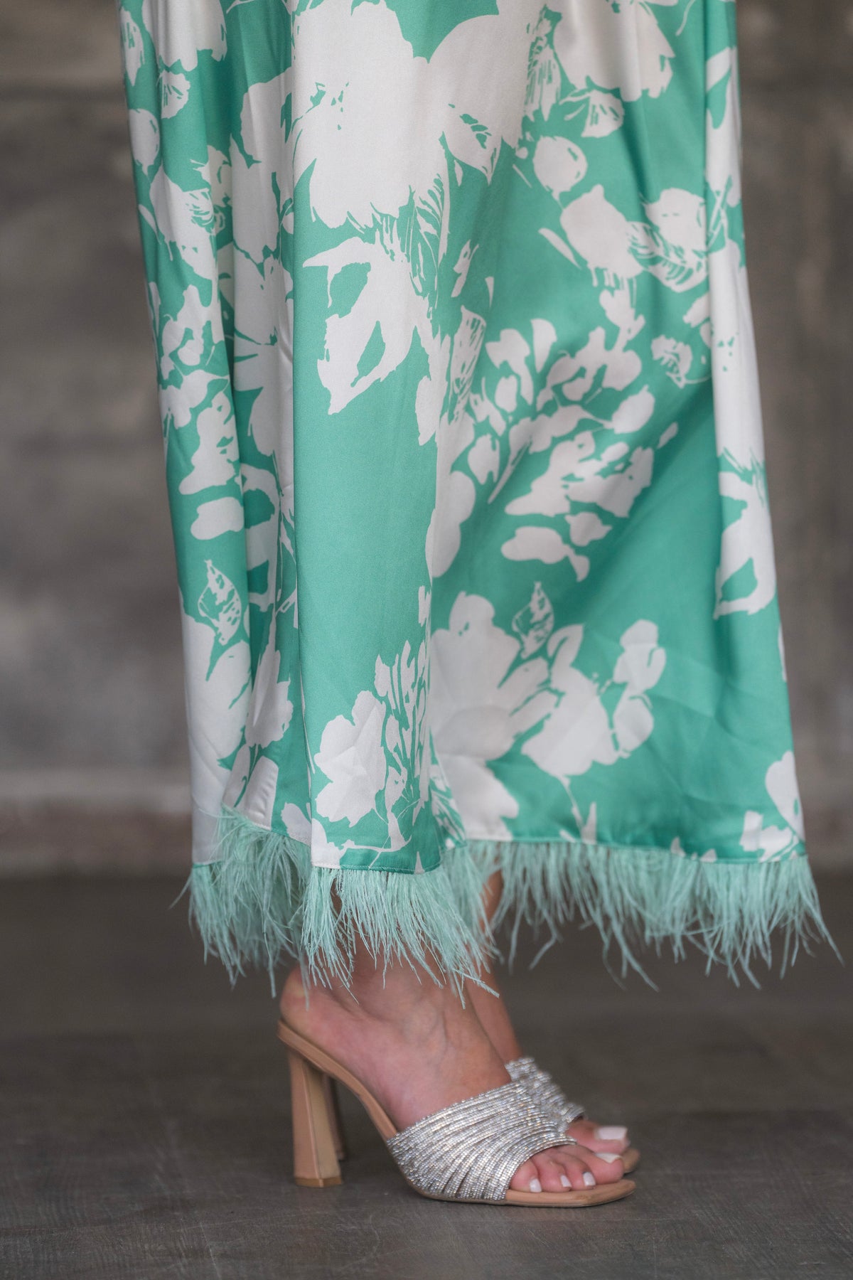 Floral Print Satin Maxi Dress with Feather Hem