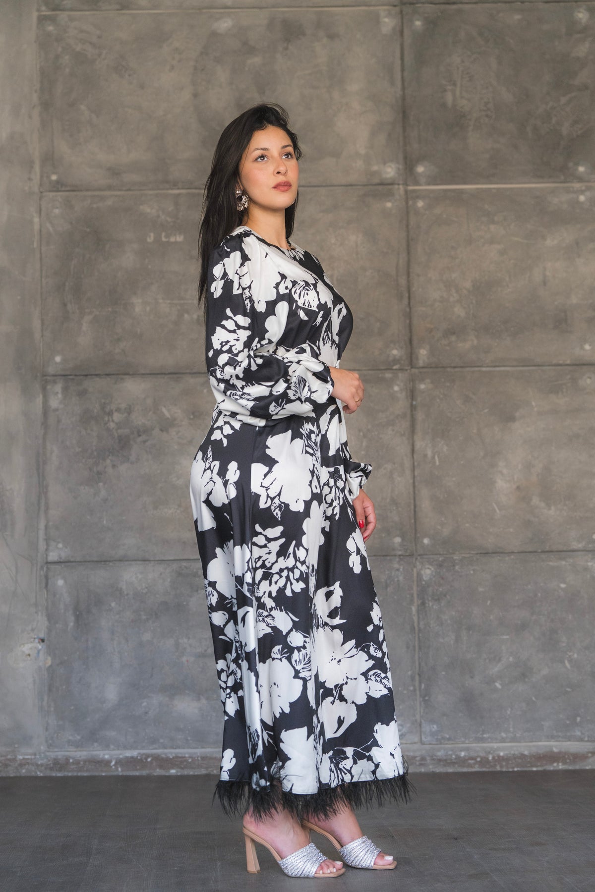 Floral Print Satin Maxi Dress with Feather Hem