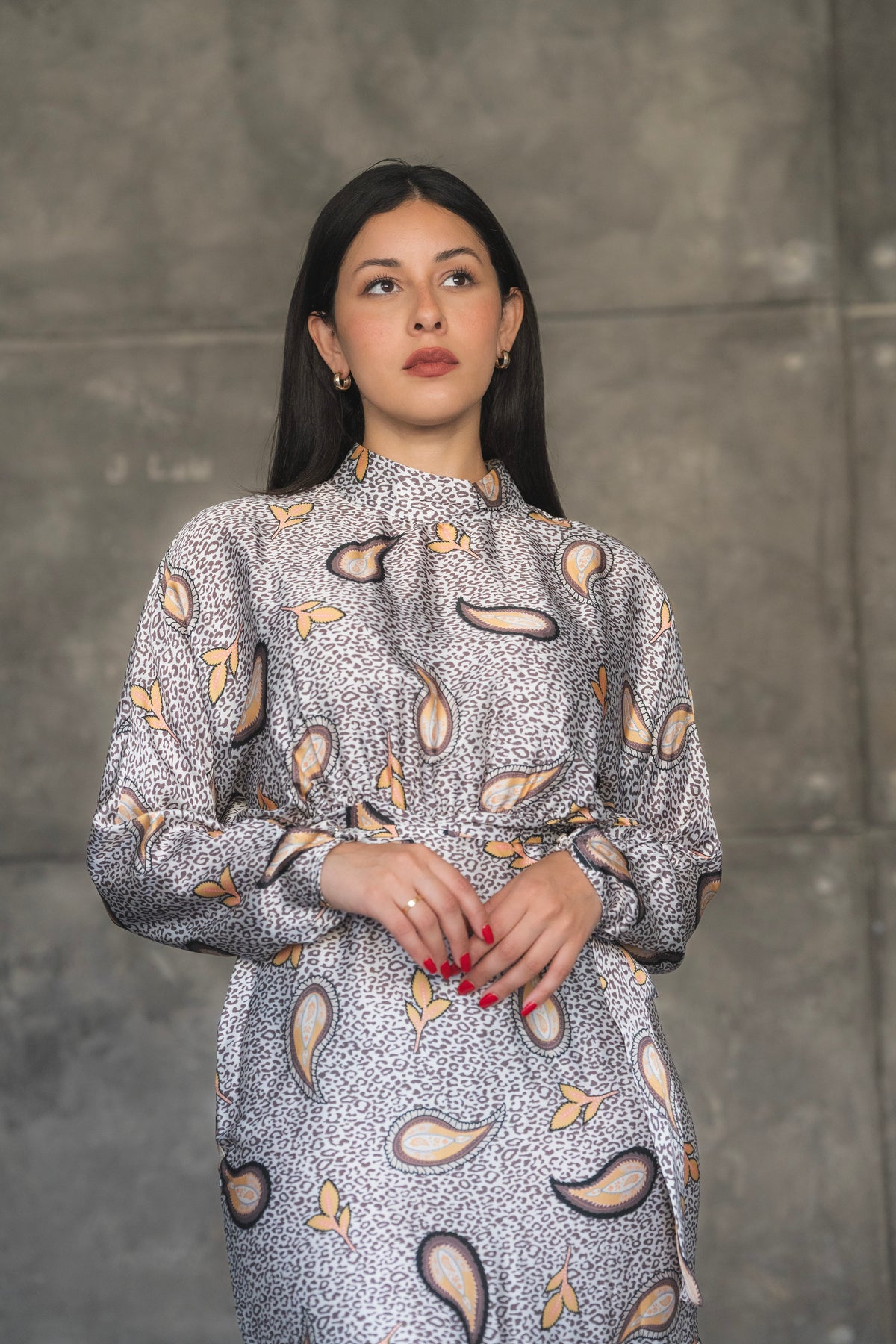 Gray and Amber Paisley Print Satin Drop Waist Midi Dress