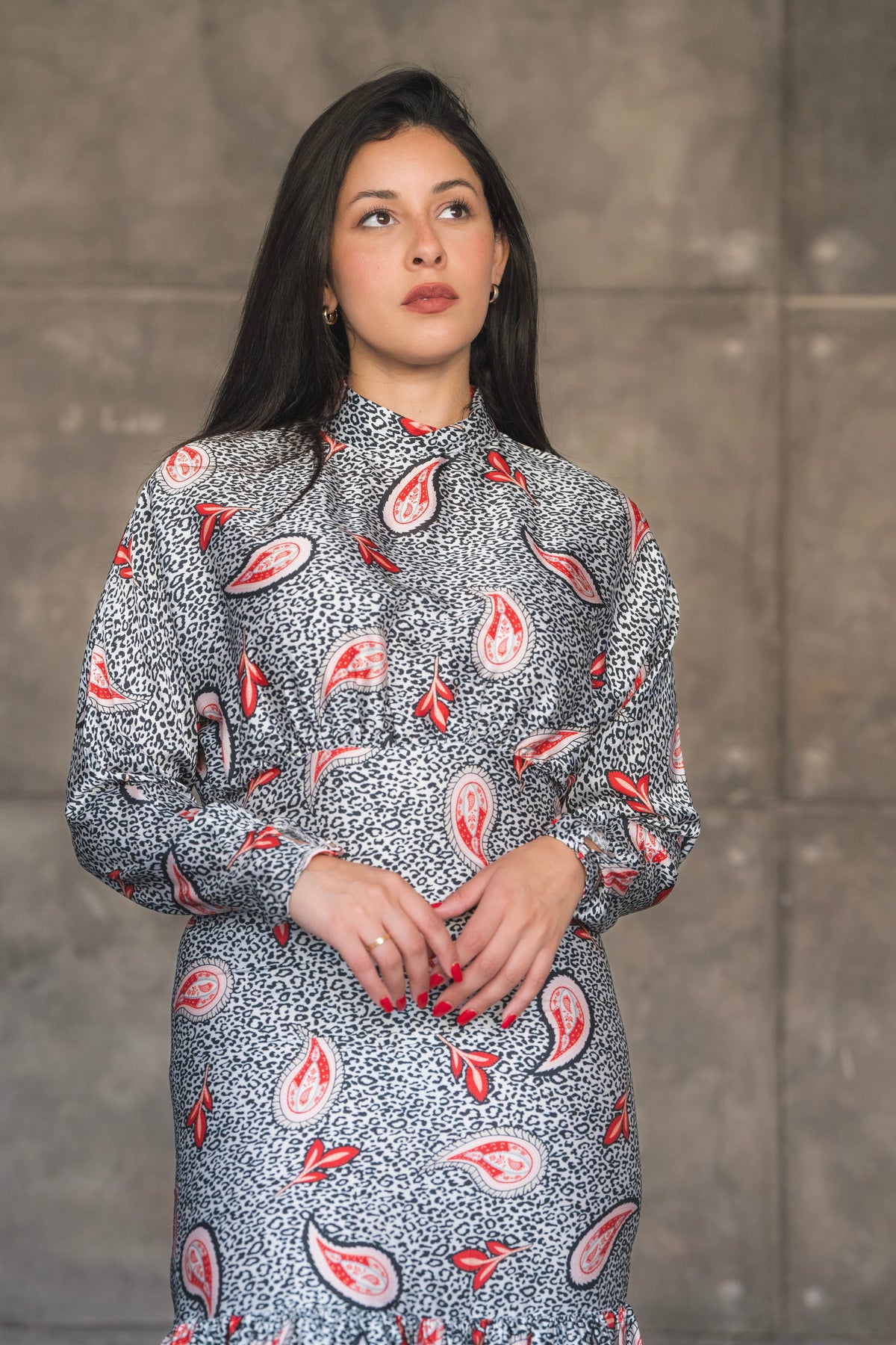 Monochrome Paisley Print Satin Tiered Midi Dress