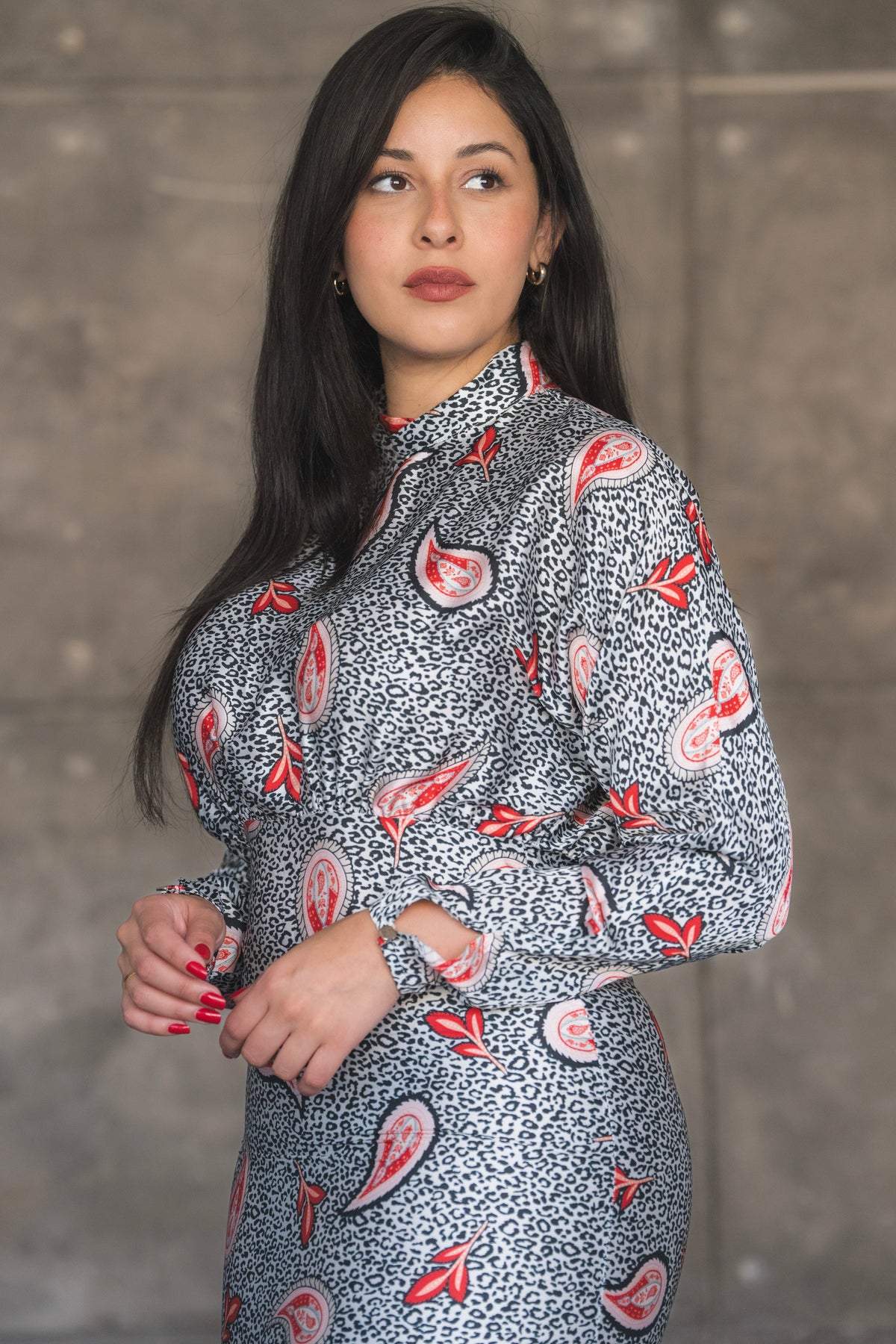 Monochrome Paisley Print Satin Tiered Midi Dress