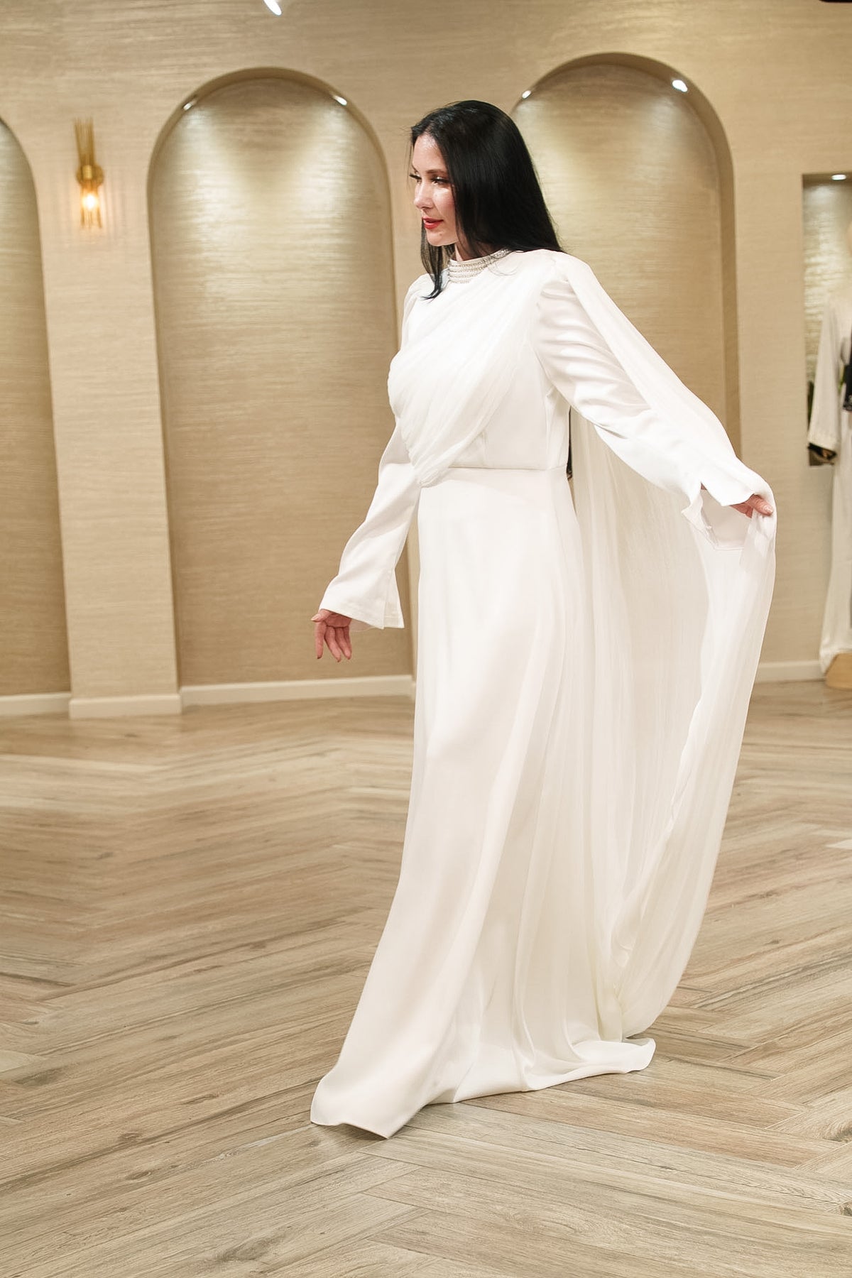 Aurora Pearl Neckline Bridal Gown with Shoulder Cape