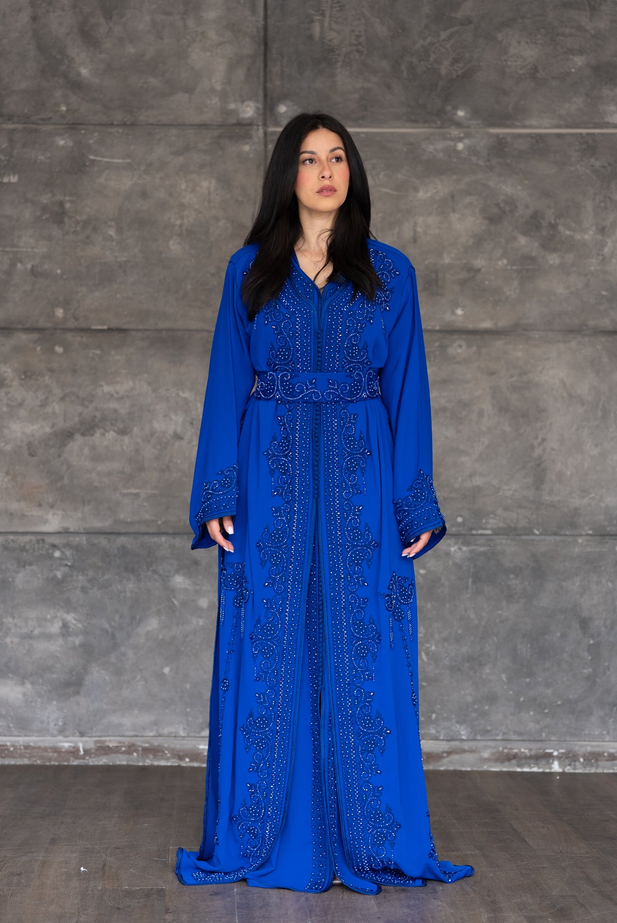 Royal Blue Embellished Kaftan With Belt