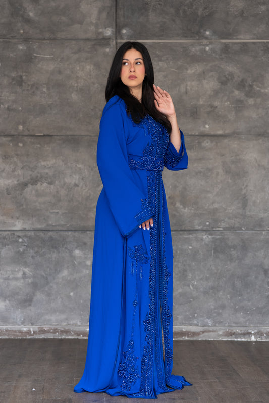Royal Blue Embellished Kaftan with Belt