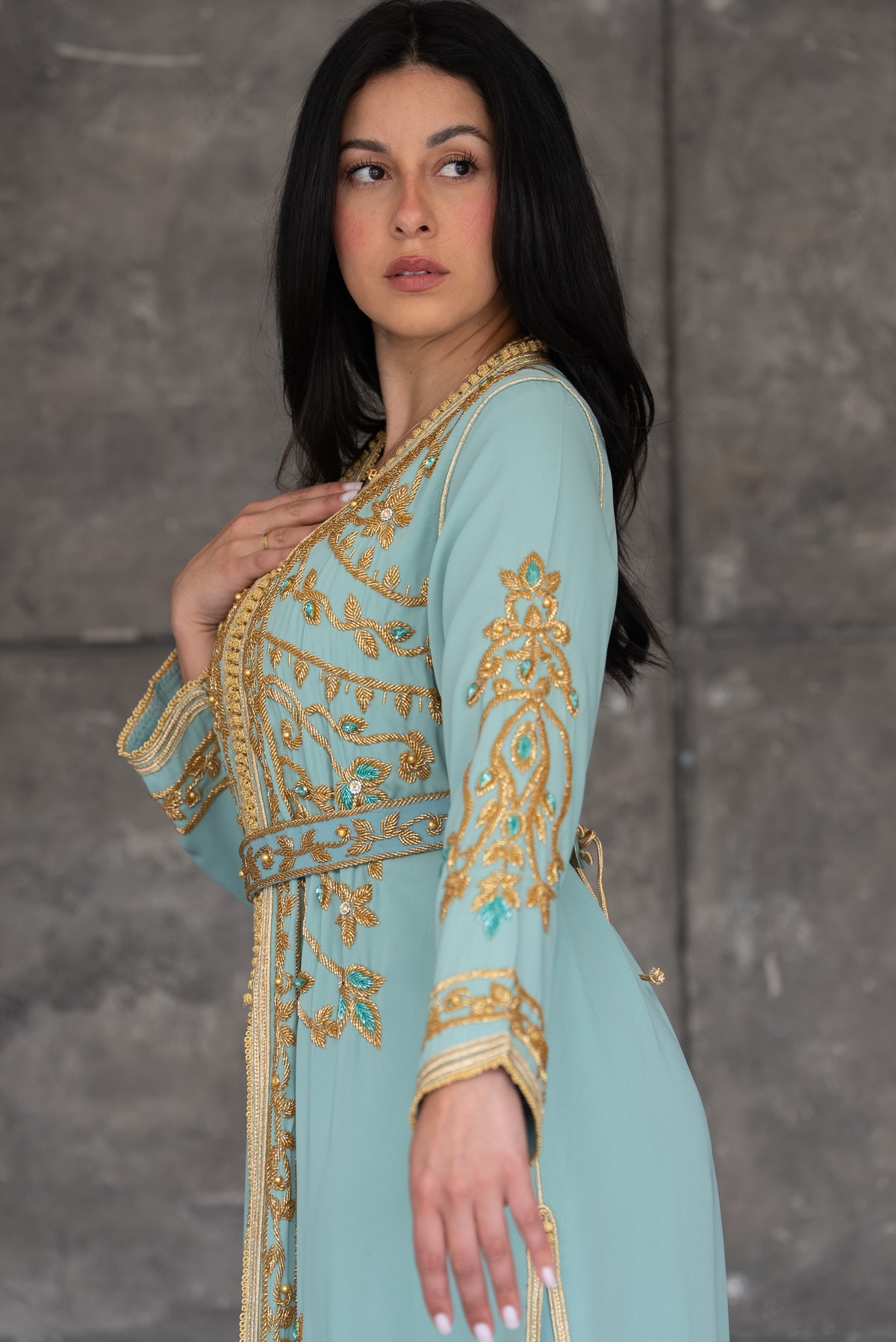 Mint Green Gold Embroidered Moroccan Kaftan with Belt