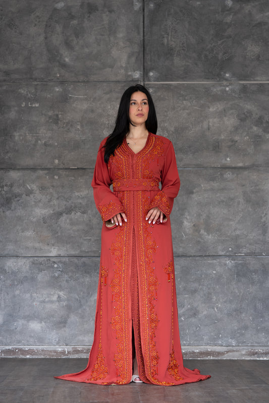 Burnt Orange Caftan with Gold Beaded Embroidery