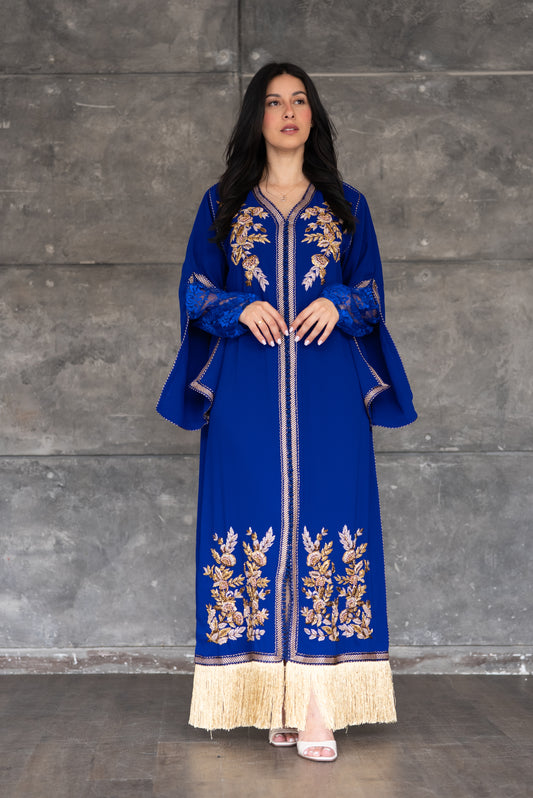 Royal Blue Caftan with Gold Embroidery & Fringe Hem