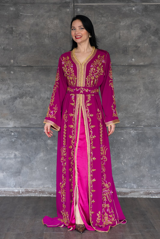 Handmade Fuchsia Embroidered Caftan/Takshita