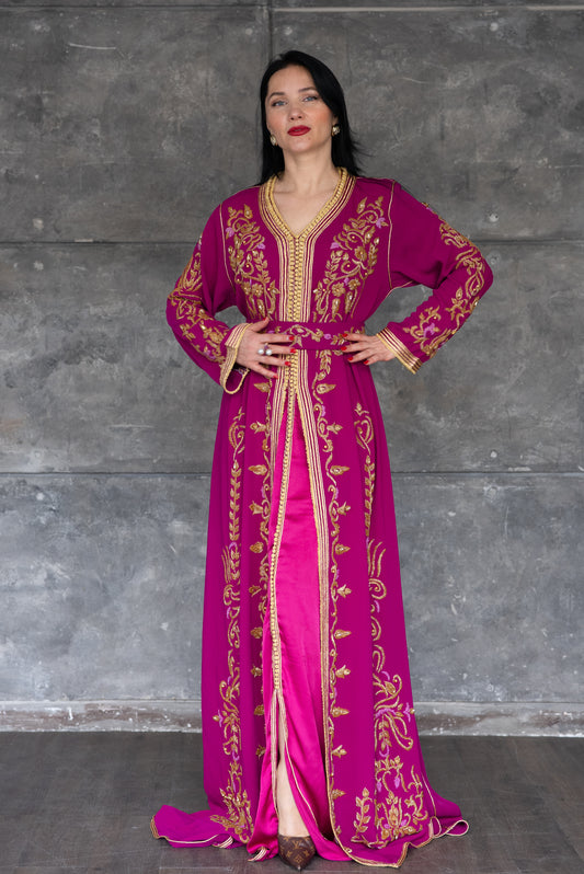 Handmade Fuchsia Embroidered Caftan/Takshita