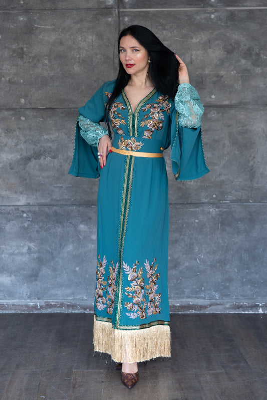 Teal Embroidered Caftan with Gold Fringe