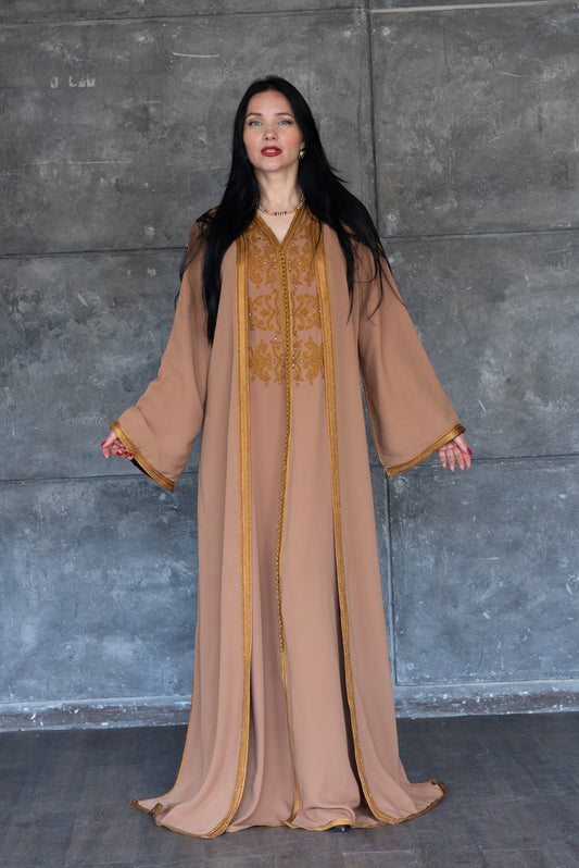 Camel Gold Embroidered Caftan/Kimono