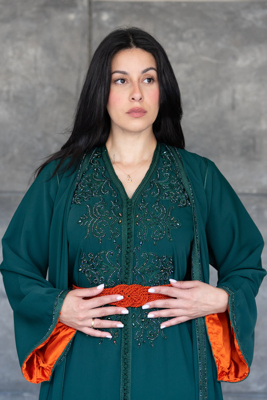 2 Pieces Emerald Green Caftan/Kimono with Burnt Orange Accents