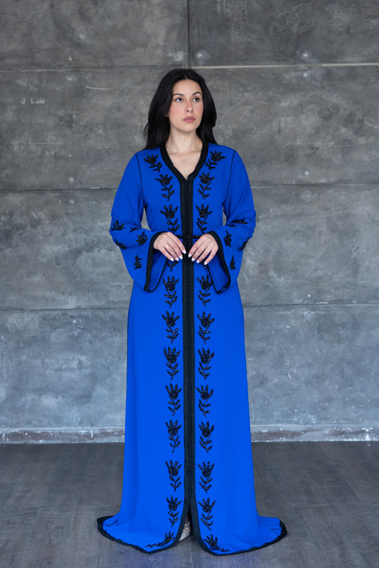 Handmade Royal Blue Caftan with Black Embroidery