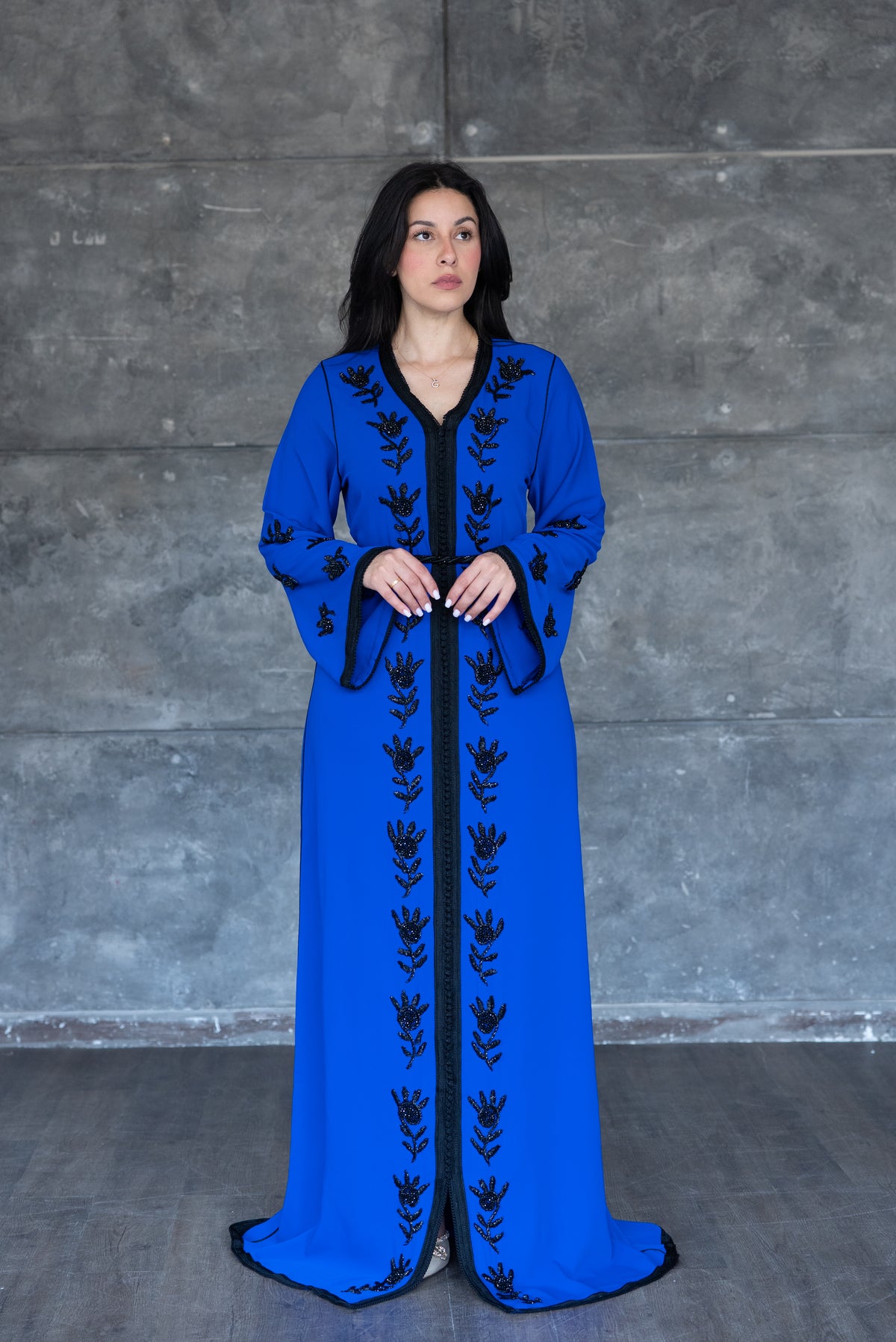 Handmade Royal Blue Caftan With Black Embroidery