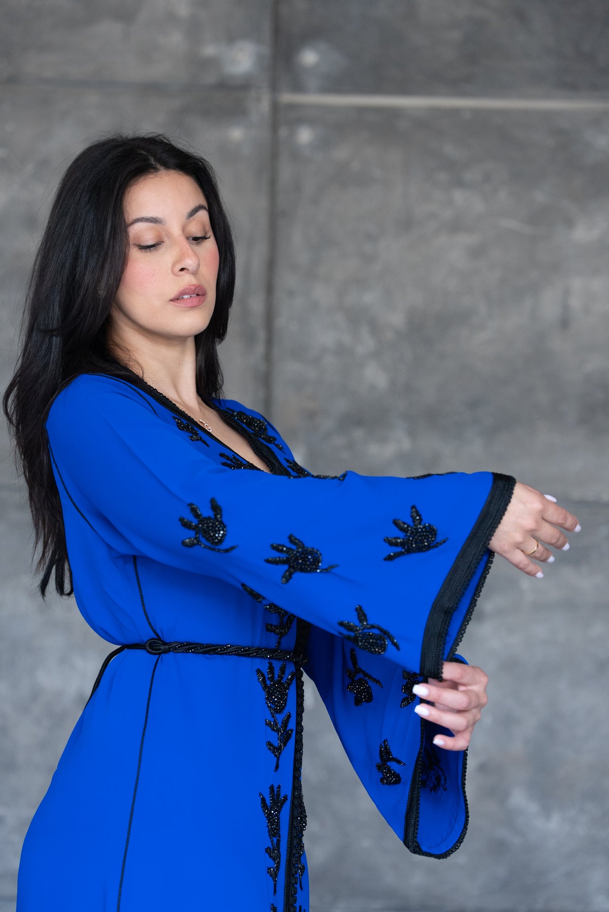 Handmade Royal Blue Caftan With Black Embroidery