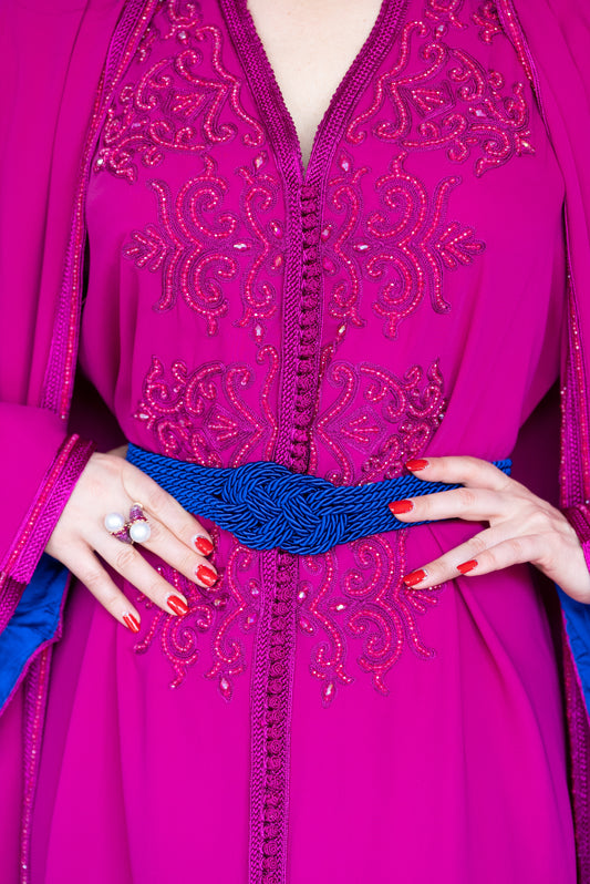 2 Pieces Fuchsia Embroidered Caftan with Royal Blue Belt