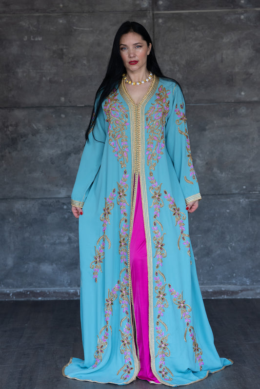 Turquoise Handmade Embroidered Caftan with Fuchsia Underlay