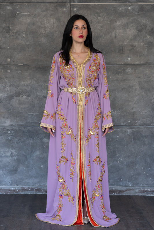 Handmade Lavender Gold Embroidered Caftan with Ornate Belt