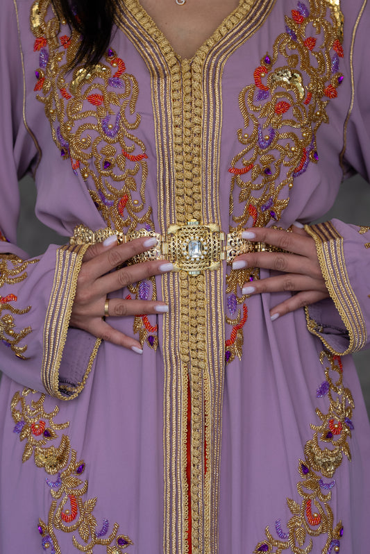 Handmade Lavender Gold Embroidered Caftan with Ornate Belt